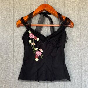 Vintage Y2K Charlotte Russe Black Tulle Satin Floral Applique Off Shoulder Top